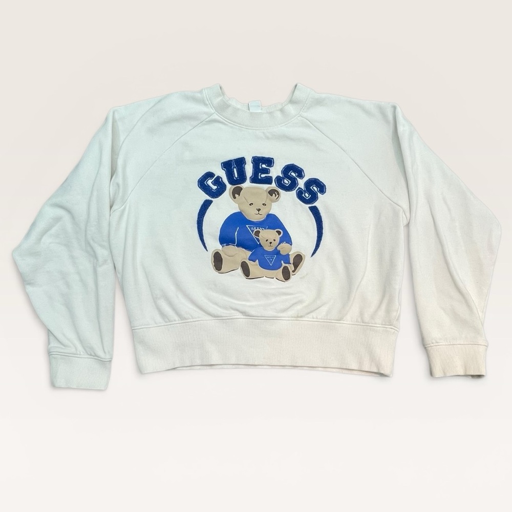 GUESS Originals Teddy Bear Sweatshirt White Blue Graphic Logo Medium - Picture 2 of 8